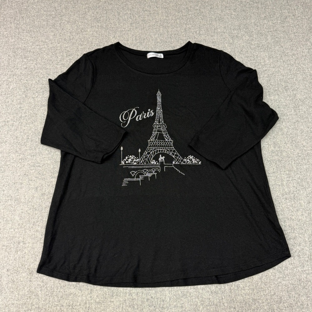 Retrology Paris Eiffel Tower Graphic Top Size 2X Black 3/4 Sleeve Crew Neck Tee